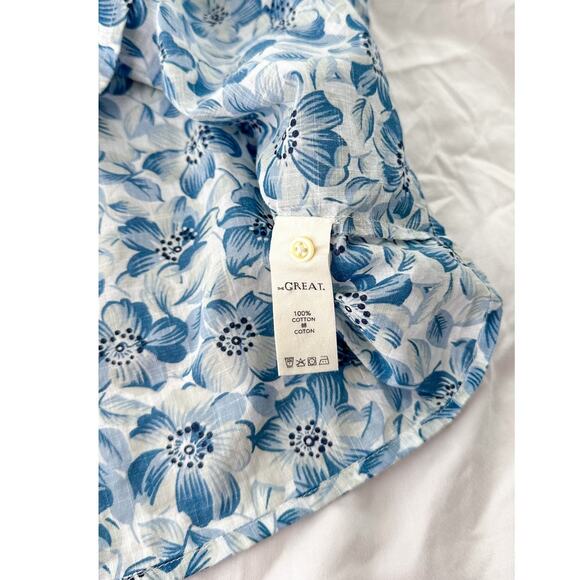 THE GREAT. The Wren Blue Floral Cotton Cap Sleeve Button Down Top size 0 or XS - Picture 4 of 14